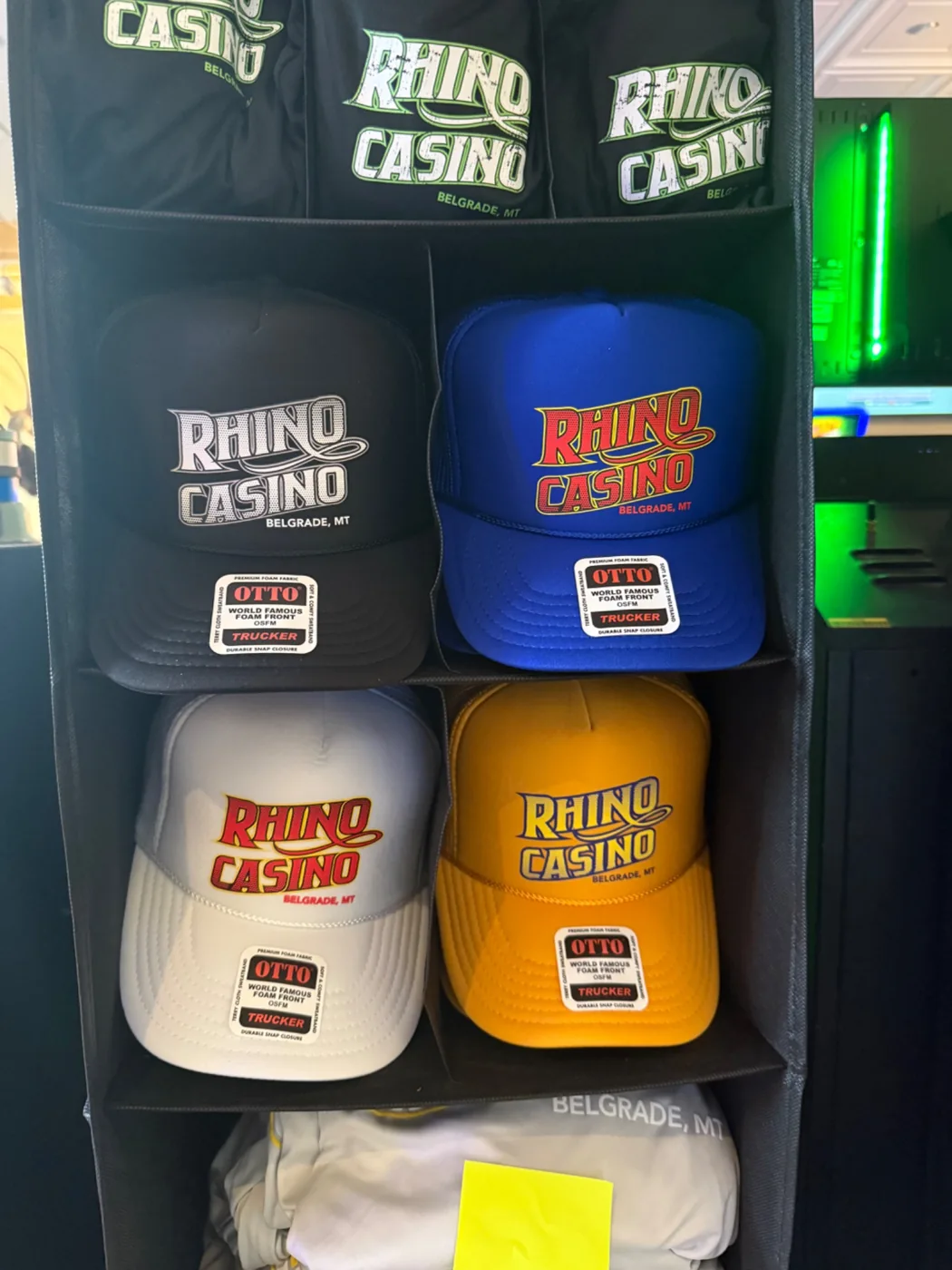 Rhino Casino hats in black blue white and yellow